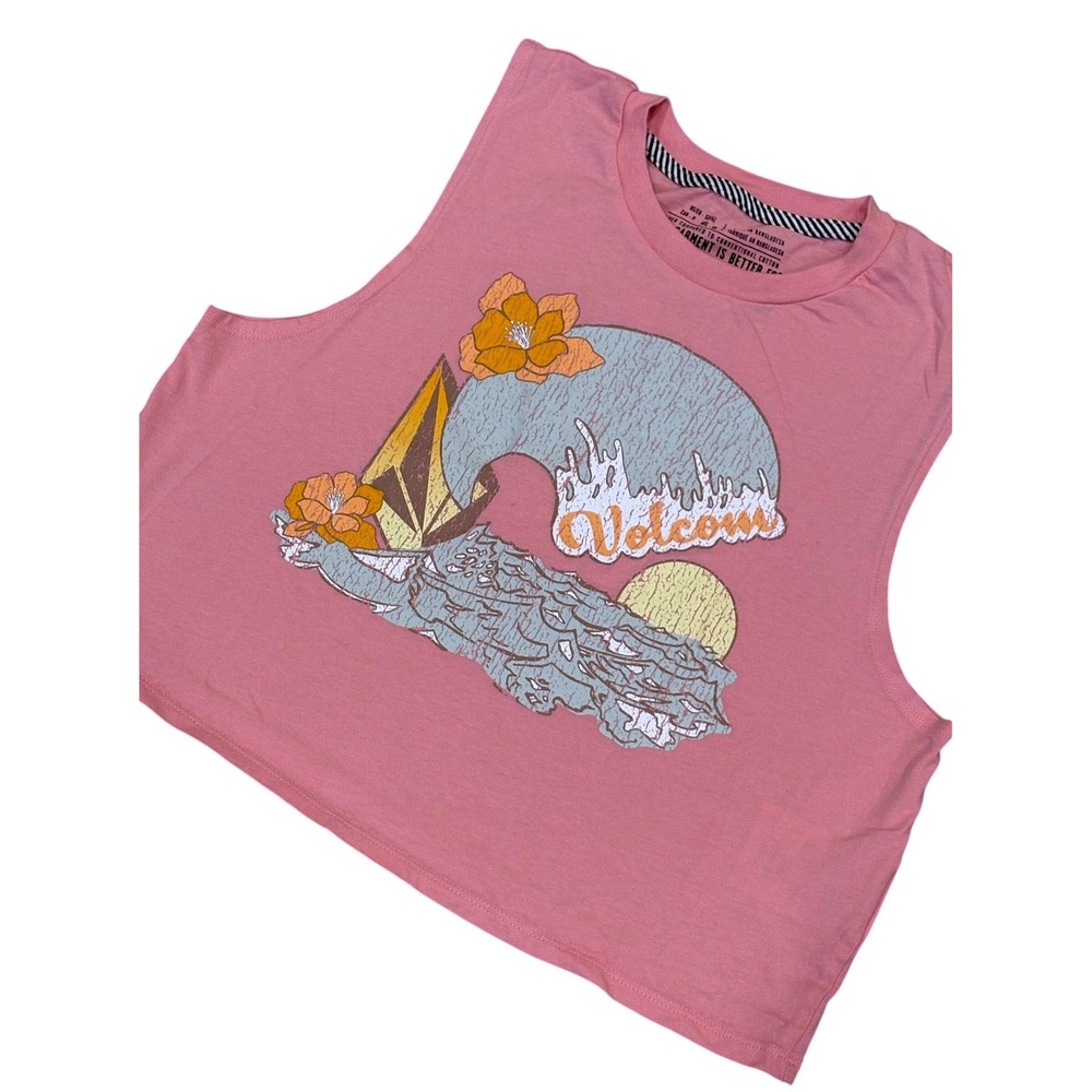 Volcom Crop Tank Top Womens Small Pink Organic Cotton Surf Graphic Muscle Tee